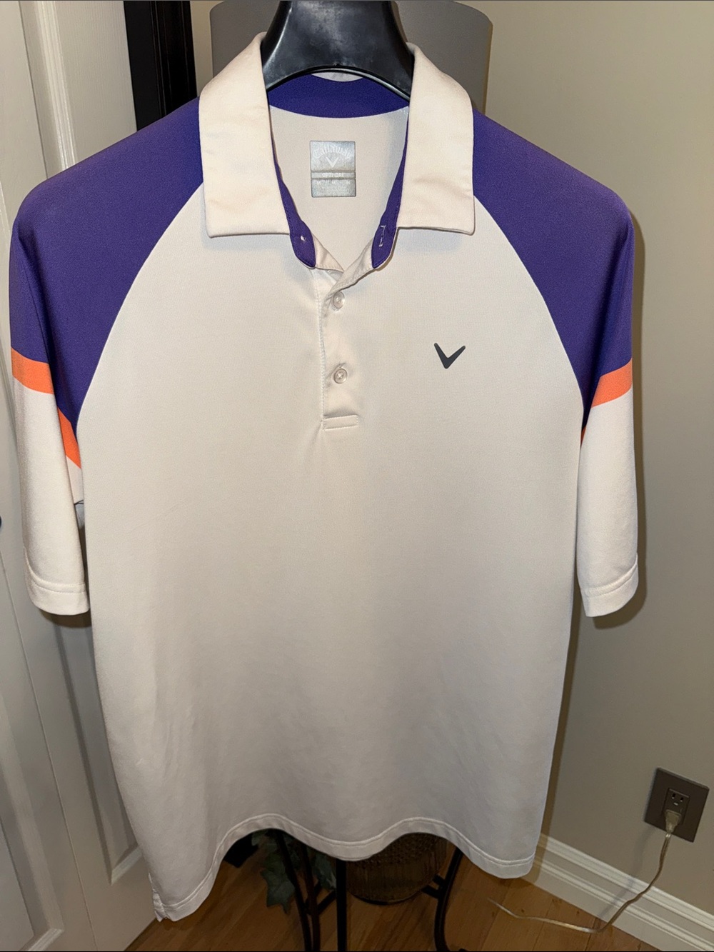 Callaway White Polo with Purple Shoulders and Orange Sleeve Stripes